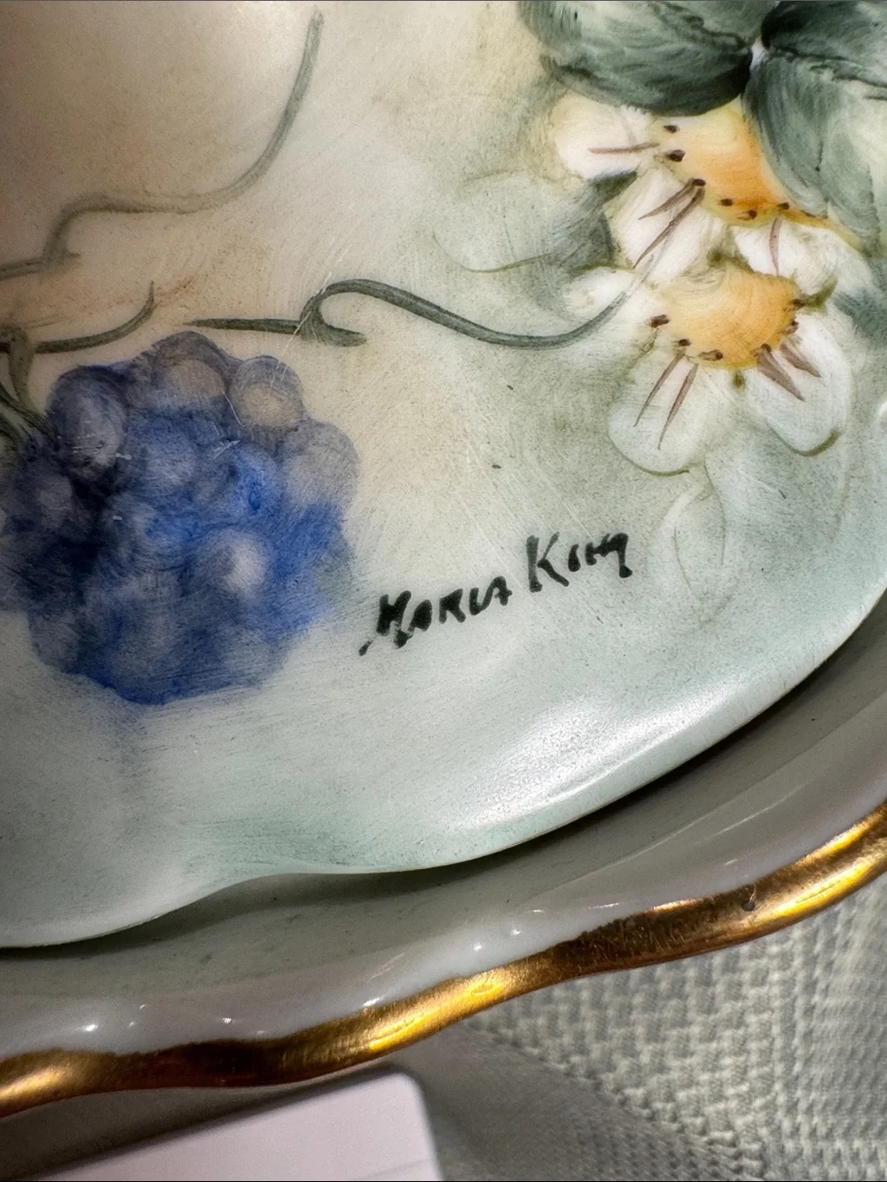 Stunning Vintage Hand Painted Signed “Marla King” Porcelain Covered Dish